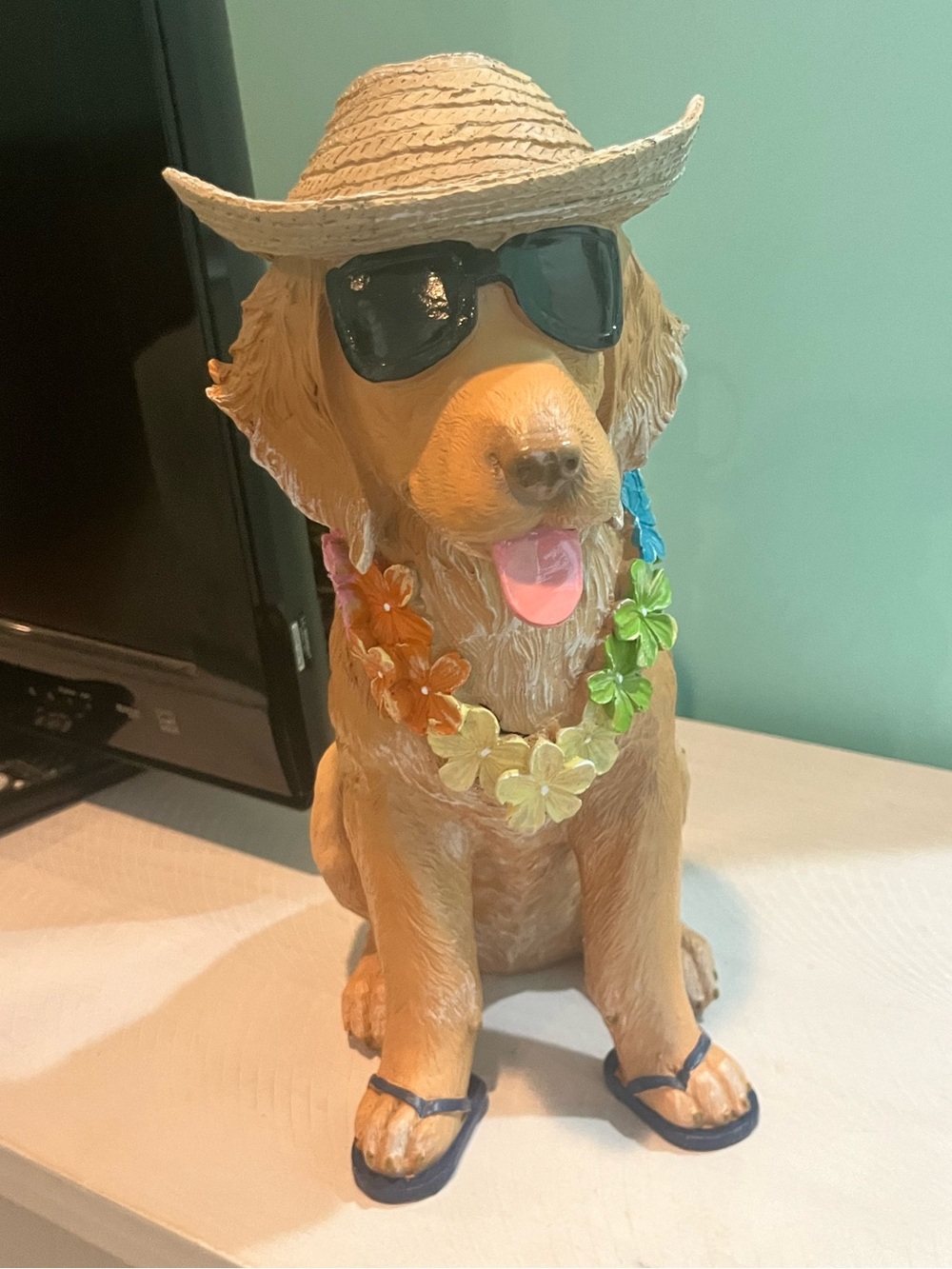 Decorative Golden Retriever Dog Statue with Sunglasses and Floral Lei